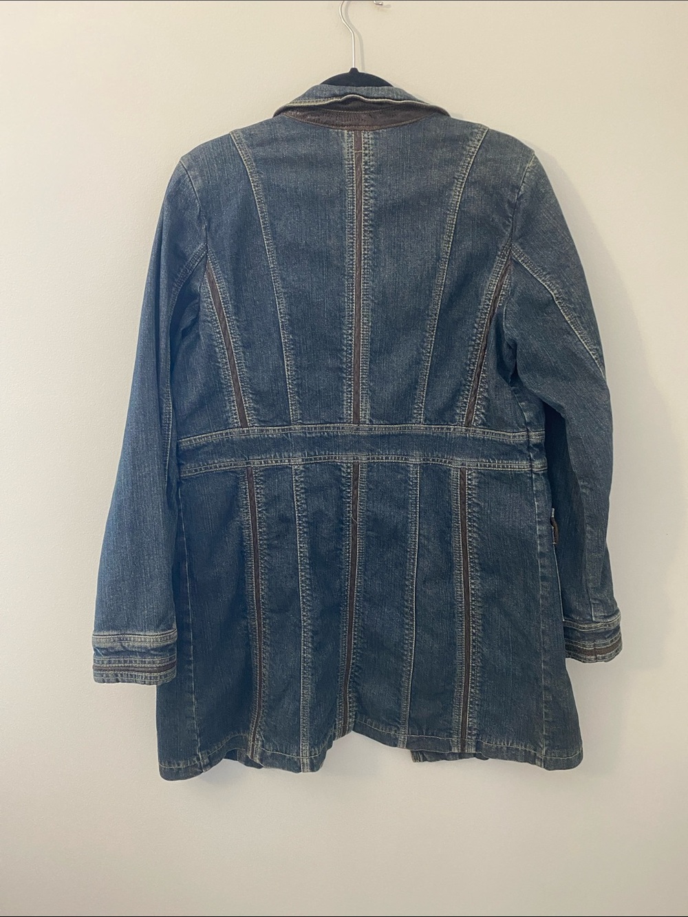 MOTTO Dark Blue Distressed Denim Blazer Jacket with Leather Trim Long Line - Picture 2 of 8